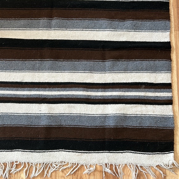 Vintage Mexican wool rug blanket eagle snake brown black stripe fringe boho82x47 - Picture 8 of 16